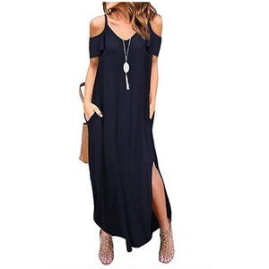 Cold Shoulder Short Sleeve V Neck Spaghetti Straps Side Split Maxi Dress